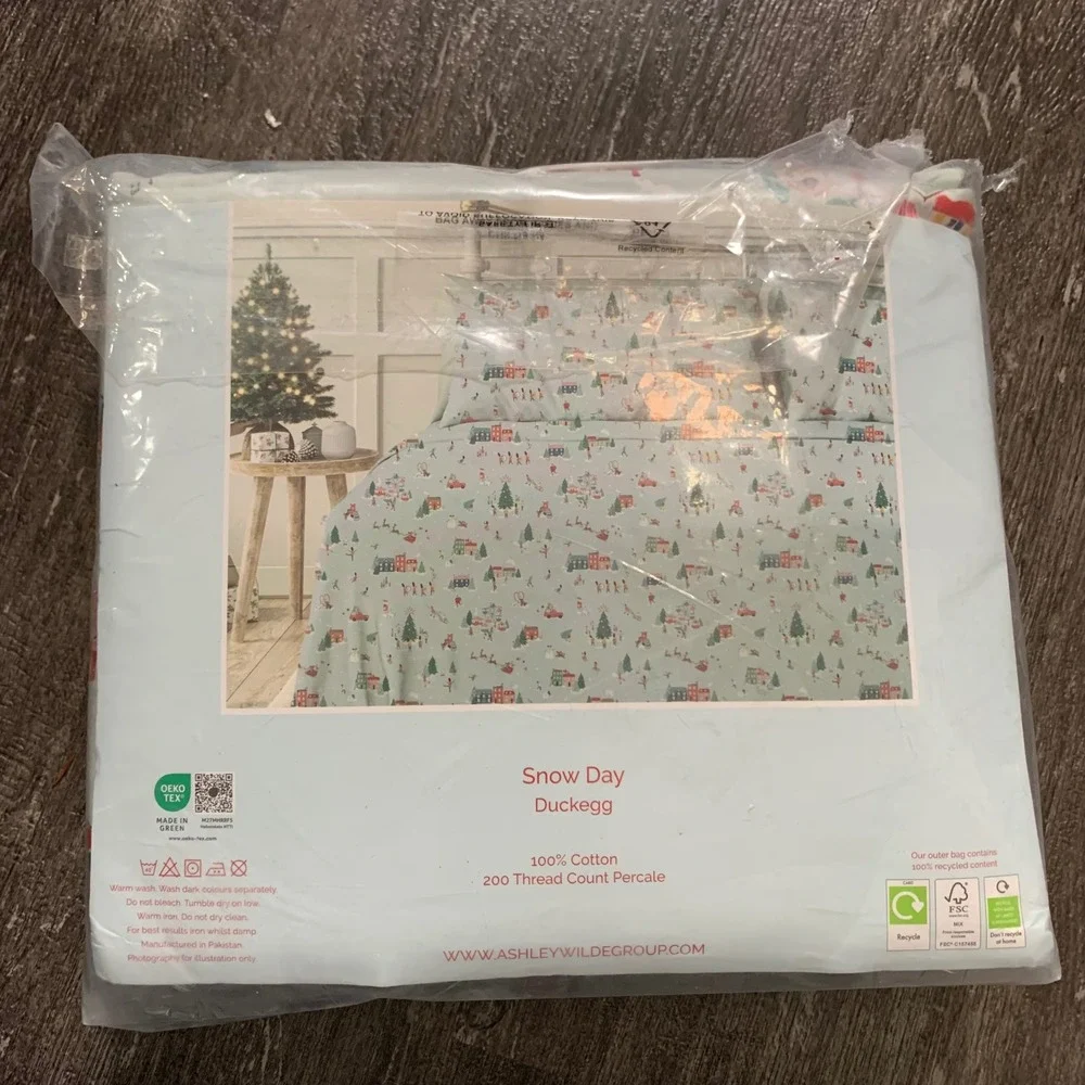 Cath Kidston Queen Sheet Set Snow Day Christmas Village Scene Cotton Holiday New